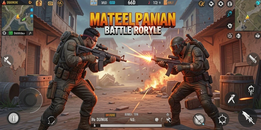 Screenshot gameplay 66D menampilkan pertempuran seru di medan perang Battle Royale.