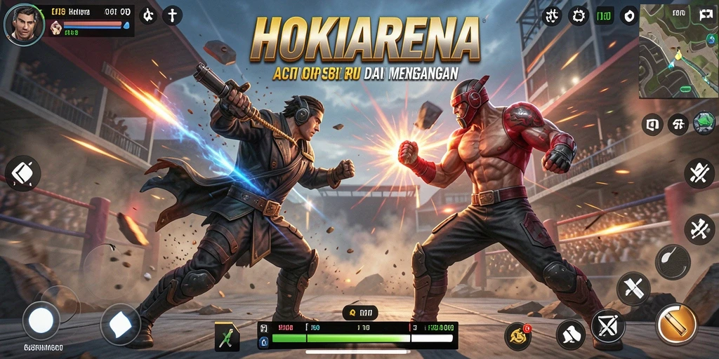 Screenshot utama HOKIARENA menunjukkan pertarungan aksi yang mendebarkan.