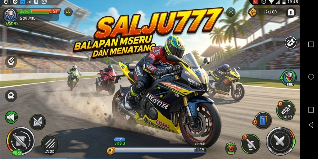 Screenshot gameplay SALJU777 menampilkan kecepatan dan adrenalin balapan motor.