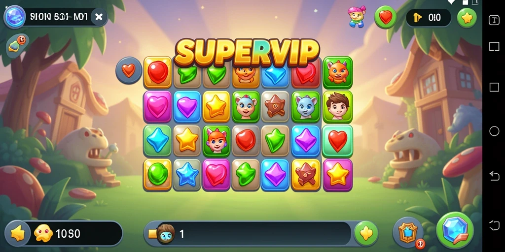 Tangkapan layar SUPERVIP menampilkan gameplay seru dengan kombinasi warna-warni permata.