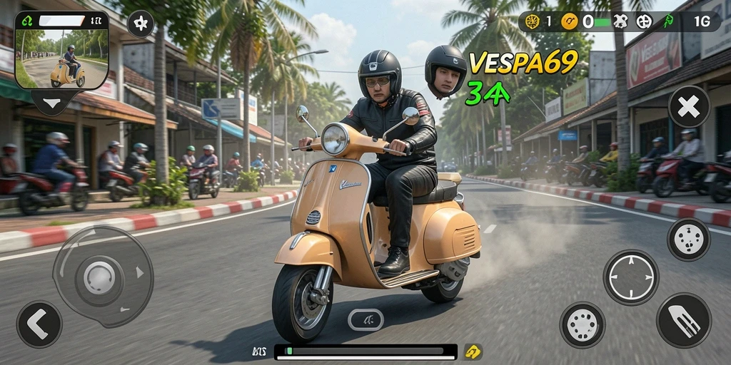 Screenshot gameplay VESPA69 menampilkan aksi balap seru dengan vespa.